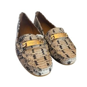 COACH 10M Olive Snake Loafer Flats Chalk Leather Chain Accent Women's